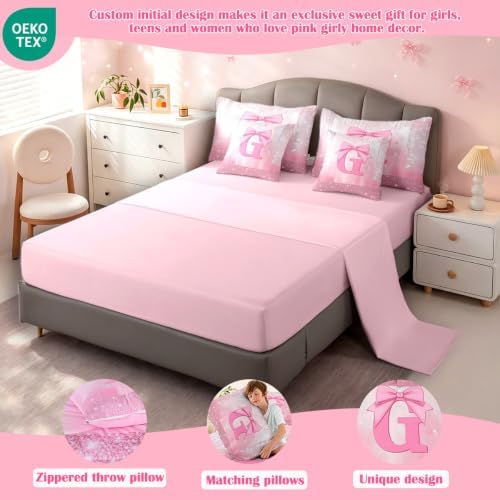 Feelyou Kids Pink Bowknot Bed in A Bag King Size, Personalized Initial G Comforter Set with Sheets Princess Glitter 7 Pieces Bedding Set Boys Girls Bow Alphabet Teens Bed Set Bedroom Decor 7Pcs