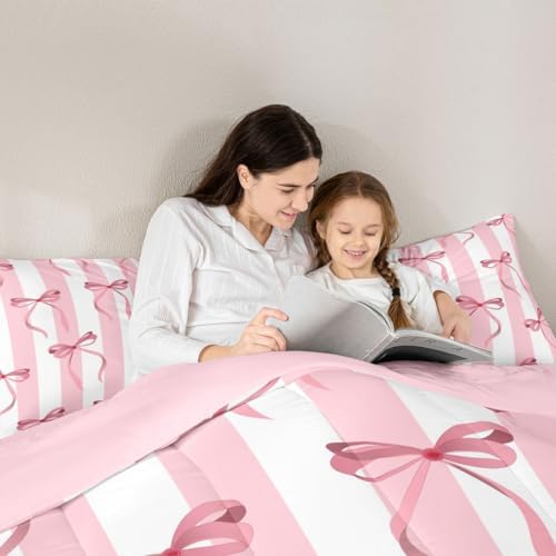 jejeloiu Girls Pink Bow Comforter Set All Season Cute Bowknot Bedding Set with 1 Pillow Cases Bow Microfiber Kids Twin Bedclothes Bedroom Decor Duvet Quilt Breathable Soft Lightweight