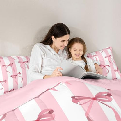 jejeloiu Girls Pink Bow Comforter Set All Season Cute Bowknot Bedding Set with 1 Pillow Cases Bow Microfiber Kids Twin Bedclothes Bedroom Decor Duvet Quilt Breathable Soft Lightweight
