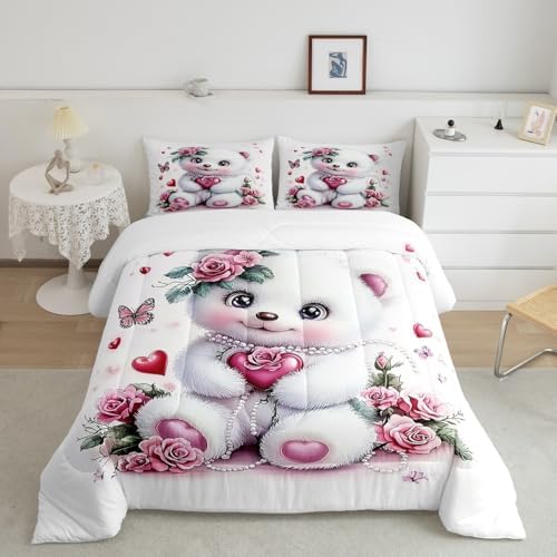 Feelyou Kids Cute Bear Comforter Set Full Size Rose Butterfly Love Heart Bedding Set Boys Girls Flowers Floral Quilt Set Cartoon Kawaii Animal Pattern Bed Set