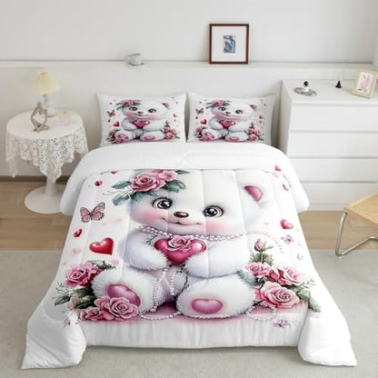 Feelyou Kids Cute Bear Comforter Set Full Size Rose Butterfly Love Heart Bedding Set Boys Girls Flowers Floral Quilt Set Cartoon Kawaii Animal Pattern Bed Set