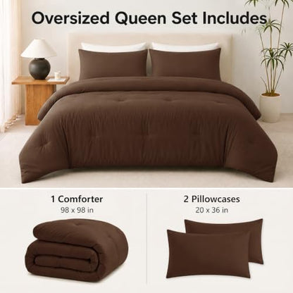 CozyLux Oversized Queen Comforter Set, 3 Pieces Brown Quilted Bedding
