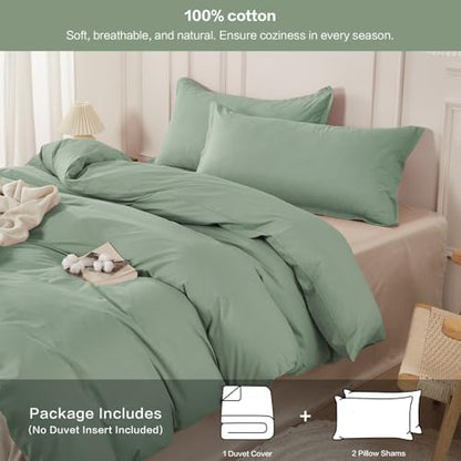SAPHREAS 100% Washed Cotton Duvet Cover Queen Size Set, Linen Like Comforter Cover with Zipper Closure & Corner Ties (No Comforter), 90x90 Sage Green