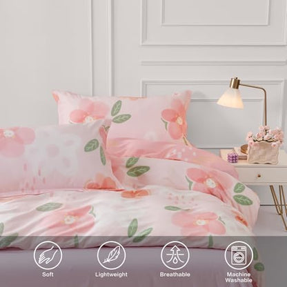 SAPHREAS Pink Floral Duvet Cover Set 3pcs King Size Botanical Blossom Flower Pattern Bedding Comforter Cover Set 100% Cotton 1 Duvet Cover 104"x90" 2 Pillow Shams, Comforter Not Included