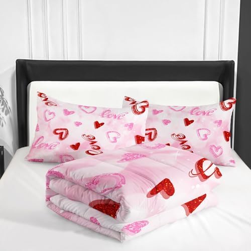 Nttopship Pink Love Heart Comforter Bedding Set with 2 Pillowcase King Size Pink Girl Comforter Set for Kids Boys Girls Bedroom Decor