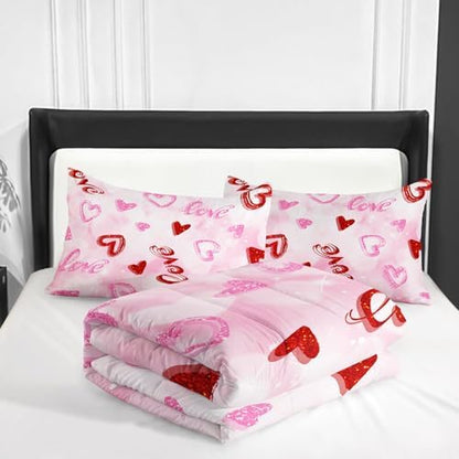 Nttopship Pink Love Heart Comforter Bedding Set with 2 Pillowcase King Size Pink Girl Comforter Set for Kids Boys Girls Bedroom Decor