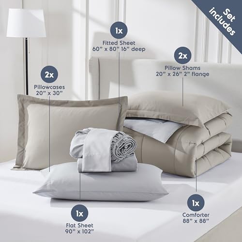 Nestl 9 Piece Queen Comforter Set – Linen Reversible Bed in a Bag – Complete Queen Size Bedding Set with Sheets, Set of 2 Down Alternative Pillows, Pillowcases and Shams
