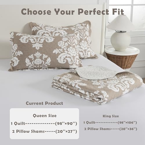 Queen Size Quilt Set - 100% Cotton Taupe and White Quilts, 90x98