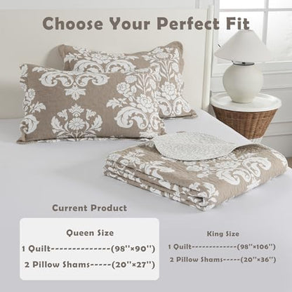 Queen Size Quilt Set - 100% Cotton Taupe and White Quilts, 90x98