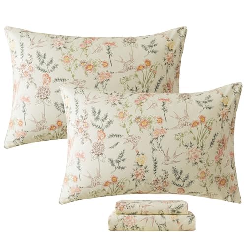 FADFAY Full Size 4‑Piece 100% Cotton Sheet Set – Deep Pocket Fitted Sheet, Crisp, Breathable & Soft for Hot Sleepers, Country Style Floral & Butterfly Pattern for All Seasons