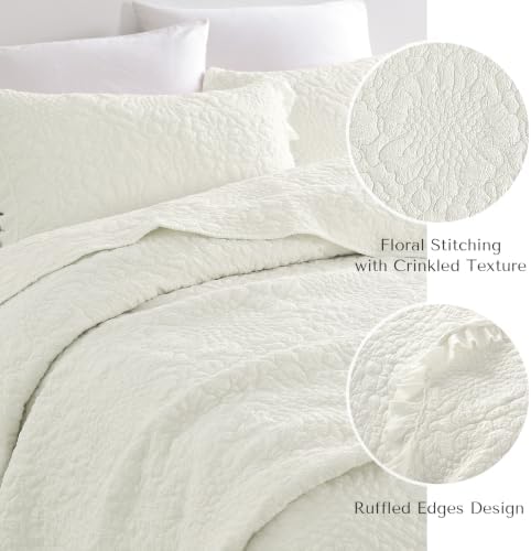 HORIMOTE HOME Cream White Ruffled Quilt Queen Size, Soft Lightweight Crinkled Farmhouse Shabby Chic Bedding Set, 3 Pieces Reversible Bedspread with Pillow Sham for All Season