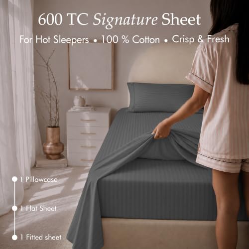 Threadmill 600TC Cotton Twin Sheet Set, Sateen, Damask, Dark Grey, 3-Piece