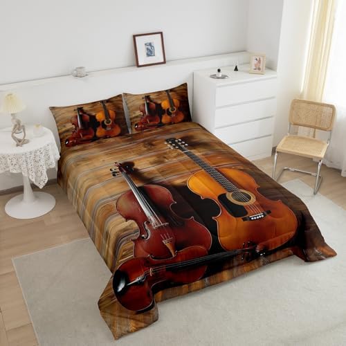 Erosebridal Guitar Bedding Set Full Size Retro Cello Violin Duvet Quilt Sets Jazz Music Comforter Set Rustic Rock Musical Instrument Comforter for Kids Boys Girls Teens Retro Bedroom Decor 3 Pcs