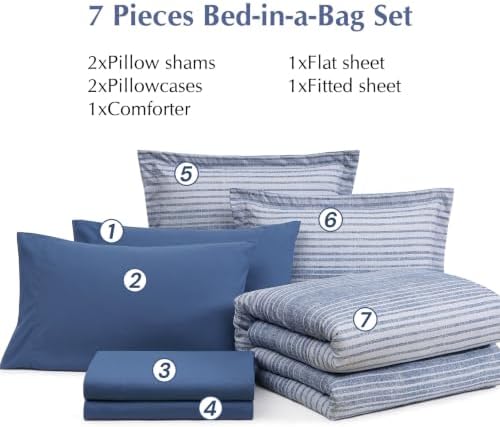 Queen Comforter Set Striped Ocean Blue Coastal 7 Pieces Bed in a Bag
