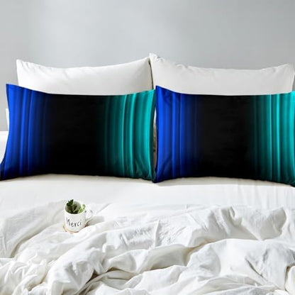 Feelyou Teens Abstract Ombre Decorations Bedding Set for Kids Women Blue Teal and Black Bed Sheets Set Geometric Modern Fitted Sheet Sets Room 4Pcs King Size