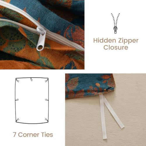 BISELINA 100% Cotton Muslin Duvet Cover Set King, 3 Pcs Yarn-Dyed Jacquard Textured Reversible Floral Design, Soft and Breathable Bedding Set with Zipper Closure, Leaf Blue Orange