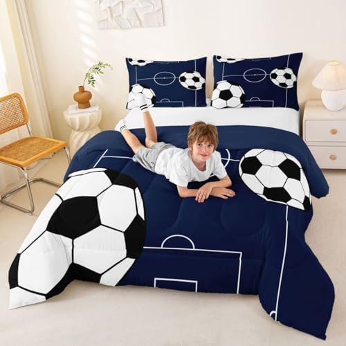 Castle Fairy Football Comforter Set King Size,Dark Blue White Ball Gaming Down Alternative Boys Bedroom Decor,Kids Soccer Sports Theme Ultra Soft Microfiber Inner Fill 3Pcs Bedding,All Season