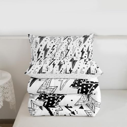 Homewish Gaming Comforter Set Full,Boys Lightning Strike Graffiti Bedding Set for Kids Teens Gamer Room Decor,Cartoon Natural Warning Quilt Set Modern Cool Duvet Insert 3pcs,2 Pillowcases,White