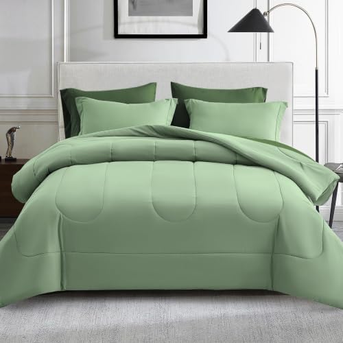 Maple&Stone Full Comforter Set 7 Pieces Bed in a Bag Sage Green Bed Set