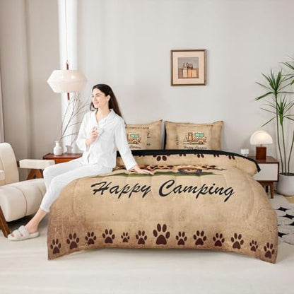 Erosebridal Happy Camping Boys Comforter Set with Sheets King Size Camper Decor 7 Piece Bedding Set Brown Leopard Print Bed in A Bag for Kids Teens Room Rustic Farmhouse Cabin Bed Sets