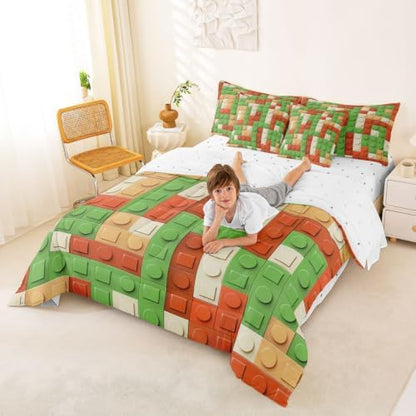 Feelyou Building Block Print 7 Piece Bedding Set King Size Kids Brick Styles Comforter Set with Sheets for Boys Teens Colorful Gaming Bed in a Bag Green Red Yellow Room Decor