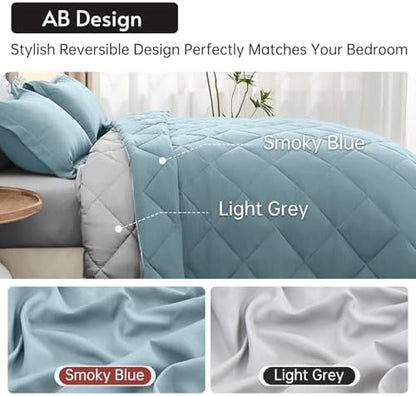 MUXHOMO 7 Pieces King Comforter Set, Reversible Bed in a Bag King Size, All Season Bedding Set with Comforter, Flat Sheet, Fitted Sheet, Pillowcases & Shams, Greyish Blue & Light Grey