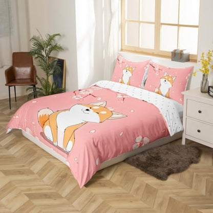 Feelyou Kids Cute Corgi Duvet Cover Toddler Cherry Blossoms Bedding Set Boys Girls Kawaii Dog Animal Pattern Sakura Flower Comforter Cover Set Japanese Style Pattern Bedspread Cover（No Comforter