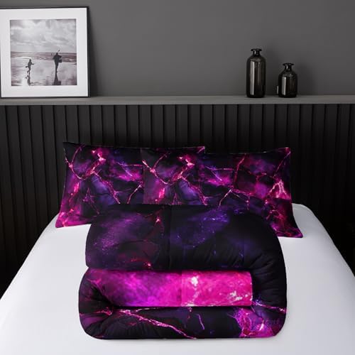 Nttopship Pink Comforter Set Twin Size，Pink Marble Bedding Set 3 Pcs Bedding for Adults, Marble Room Decor with Comforter and 2 Pillowcases Soft and Lightweight B-Side Black
