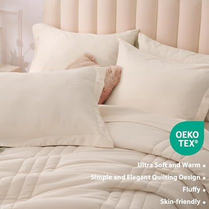 Twin Comforter Set with Sheets Beige, 5 Pieces Bed in a Bag