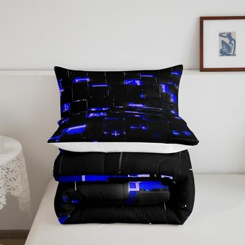 Feelyou Black Blue Square Ombre Comforter Set King Size Boys Girls Teens