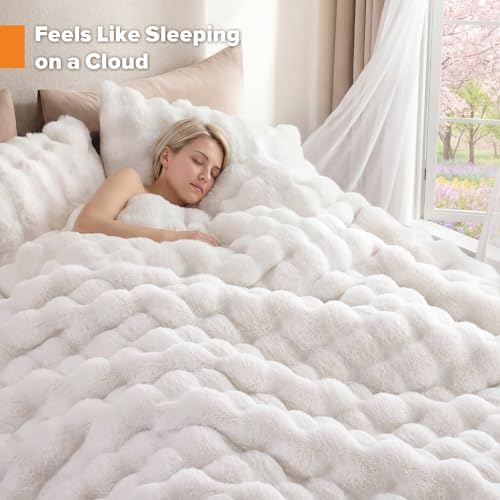 YIKUSH Full Faux Fur Soft Comforter Set, Fluffy White Rabbit Fur Comforter
