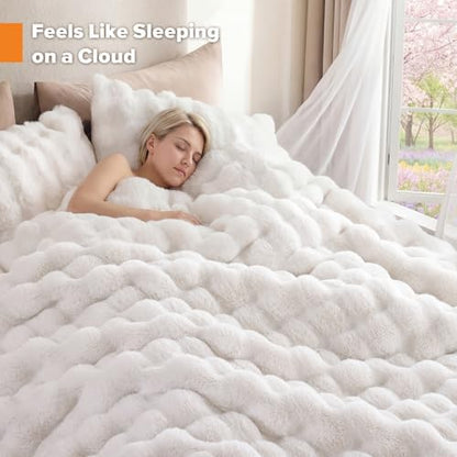 YIKUSH Full Faux Fur Soft Comforter Set, Fluffy White Rabbit Fur Comforter