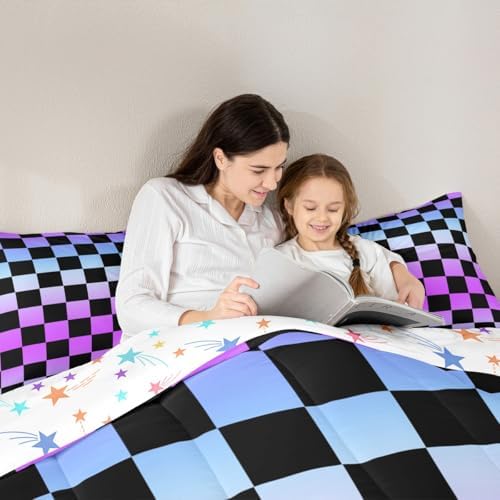 Feelyou Multicolored Checkered Retro Bedding Set for Boys Girls Geometric Vintage Comforter Set Twin Size Gradient Purple Duvet Quilt Modern Groovy Aesthetic Bedroom Decor 2 Pcs with 1 Pillow Cases