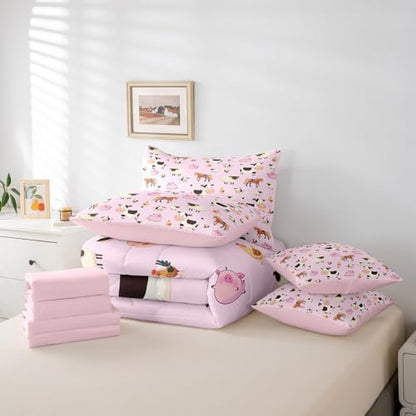 Feelyou King Size Farm Animal Comforter Set with Sheets Boys Girls Cartoon Animals 7 Piece Bedding Set for Kids Pink Bed in a Bag Funny Country Theme Bed Set