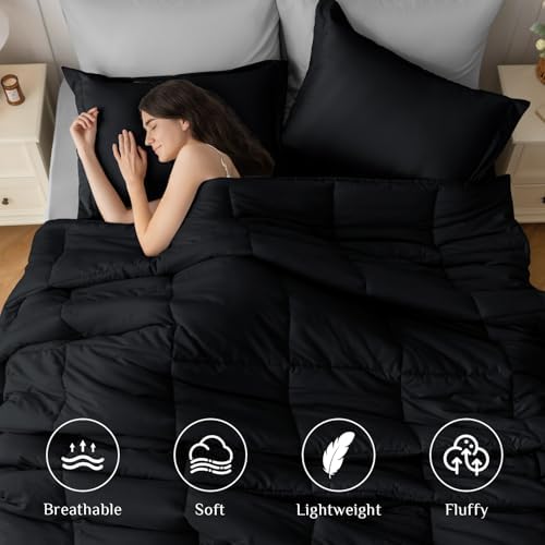 JOLLYVOGUE Queen Comforter Set, Ultra-Soft Bed in a Bag Queen Size 7 Pieces, Oeko-TEX Certified Bedding Set with Down Alternative Comforter, Sheets, Pillowcases & Shams, Black & Light Grey