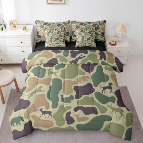Erosebridal Hunting 7 Piece Bedding Set Full Camouflage Comforter Set with Sheets Purple Green Army Farmhouse Bed in a Bag Deer Hound Bear Turkey Wolf Print for Kids Boys Girls