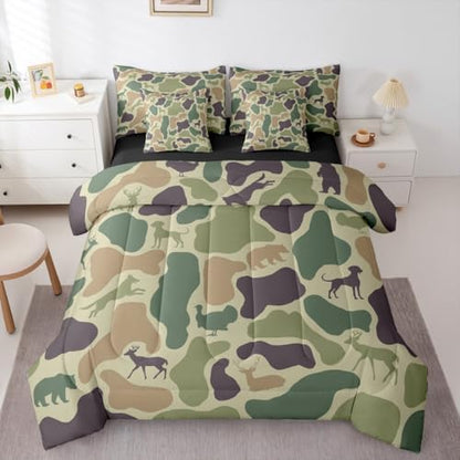 Erosebridal Hunting 7 Piece Bedding Set Full Camouflage Comforter Set with Sheets Purple Green Army Farmhouse Bed in a Bag Deer Hound Bear Turkey Wolf Print for Kids Boys Girls