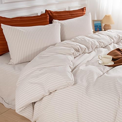 NEXHOME PRO Striped Duvet Cover Super King,100% Washed Cotton Bedding Set,Textured Linen Feel,Breathable,Organic,3 Piece(White Stripes 108x98)