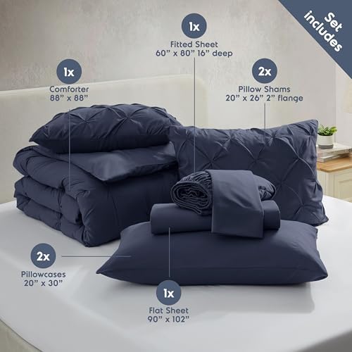 Nestl 9 Piece Queen Comforter Set – Navy Pinch Pleated Bed in a Bag – Complete Queen Size Bedding Set with Sheets, Set of 2 Cooling Pillows, Pillowcases and Shams
