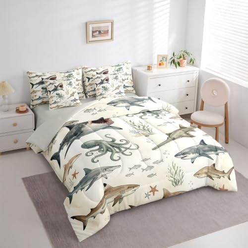 Feelyou Shark Comforter Set with Sheets 7 Piece Full Size