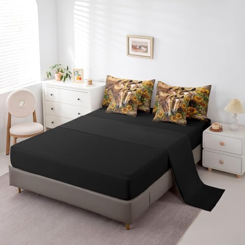Erosebridal Horse Bedding Set King,Horse Sunflower Floral Comforter Set,Vintage Wooden Board(Comforter+Fitted+Flat Sheet+2 Pillowcases+2 Throw Pillow Covers) 7 Pieces Western Rustic Farmhouse Bed Set
