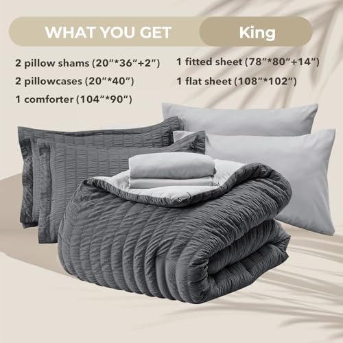 HYMOKEGE Dark Grey/Light Grey King Size Comforter Set Seersucker 7 Pieces, All Season Luxury Bed in a Bag for Bedroom, Bedding Set with Comforter, Sheets, Pillowcases & Shams