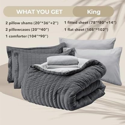 HYMOKEGE Dark Grey/Light Grey King Size Comforter Set Seersucker 7 Pieces, All Season Luxury Bed in a Bag for Bedroom, Bedding Set with Comforter, Sheets, Pillowcases & Shams