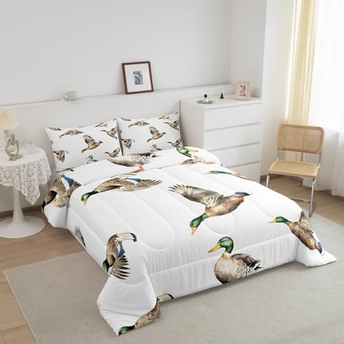 Feelyou Mallard Duck Bedding Set Hunting and Fishing Comforter Set Wild Animal Comforter for Boys Girls Kids Wildlife White Duvet Set Queen Size with 2 Pillow Case