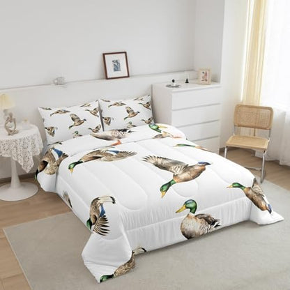 Feelyou Mallard Duck Bedding Set Hunting and Fishing Comforter Set Wild Animal Comforter for Boys Girls Kids Wildlife White Duvet Set Queen Size with 2 Pillow Case