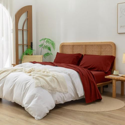 BESTOUCH Sheet Set 100% Washed Cotton Linen Feel Super Soft Comfortable Chic Lightweight 4 Pcs Home Bedding Set Solid Fired Brick Red Queen