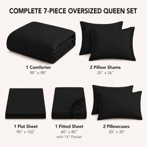 HIMEET Oversized Queen Comforter Sets, 7-Piece Point-Quilted, Black