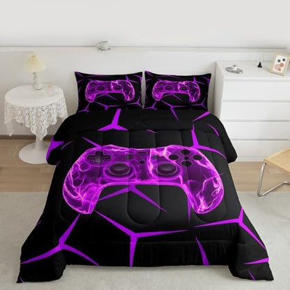 Castle Fairy Gamer Twin Size Comforter Set,Gaming Honeycomb Purple Quilt Set Soft Bed Collection,Gamepad Game Controller Bedding Comforter for Boys Girls Room Decor,2 Pcs