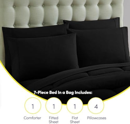 Sweet Home Collection 7 Piece Comforter Set Bag Solid Color All Season Soft Down Alternative Blanket & Luxurious Microfiber Bed Sheets, Black, Queen