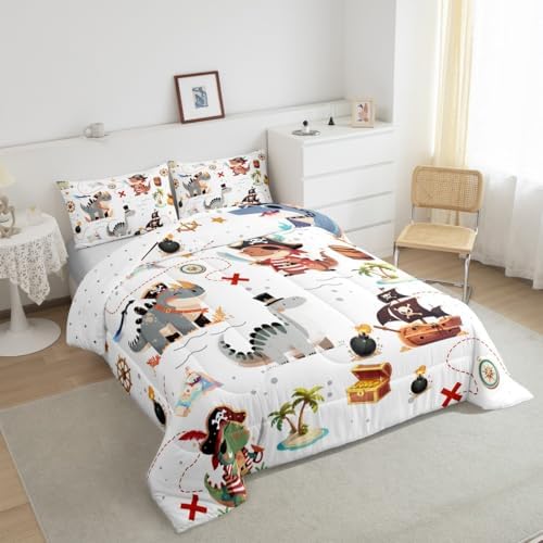 Homewish Pirate Dinosaur Kids Comforter Set Toddler Size for Boys,Sea Nautical Map Theme Bedding Set 2Pcs,Child Teens Bedroom Decor,Cartoon Animals Quilt Set Ocean Adventure Duvet Insert,1 Pillowcase